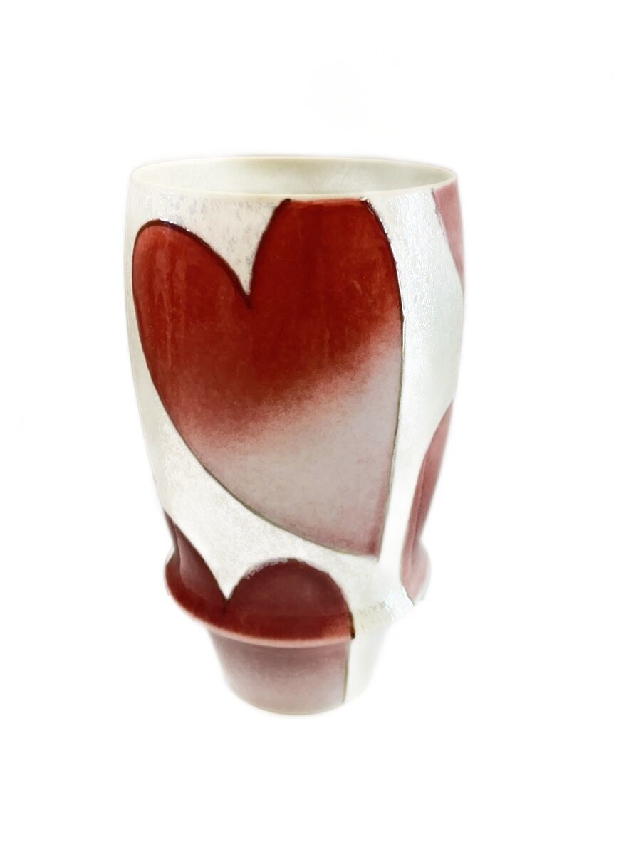 【中古】有田焼(田清窯)◆ビアグラス/白地/ハート柄【キッチン用品】