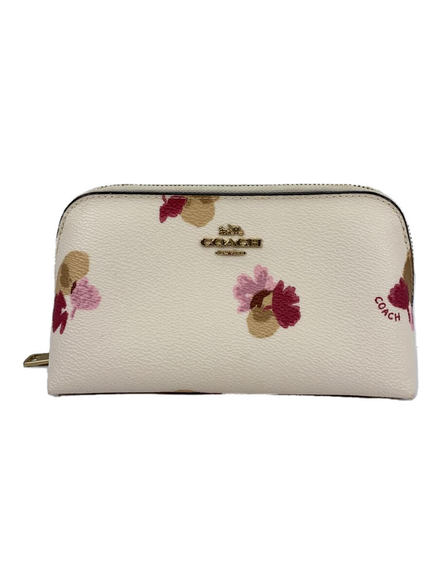 【中古】COACH◆ポーチ/レザー/WHT/花柄【バッグ】