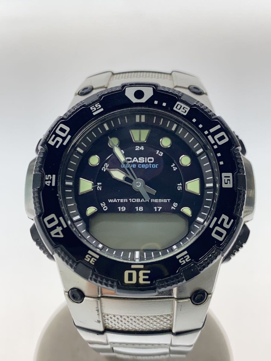 【中古】CASIO◆クォーツ腕時計・WAVECEPTOR/デジアナ/BLK【服飾雑貨他】