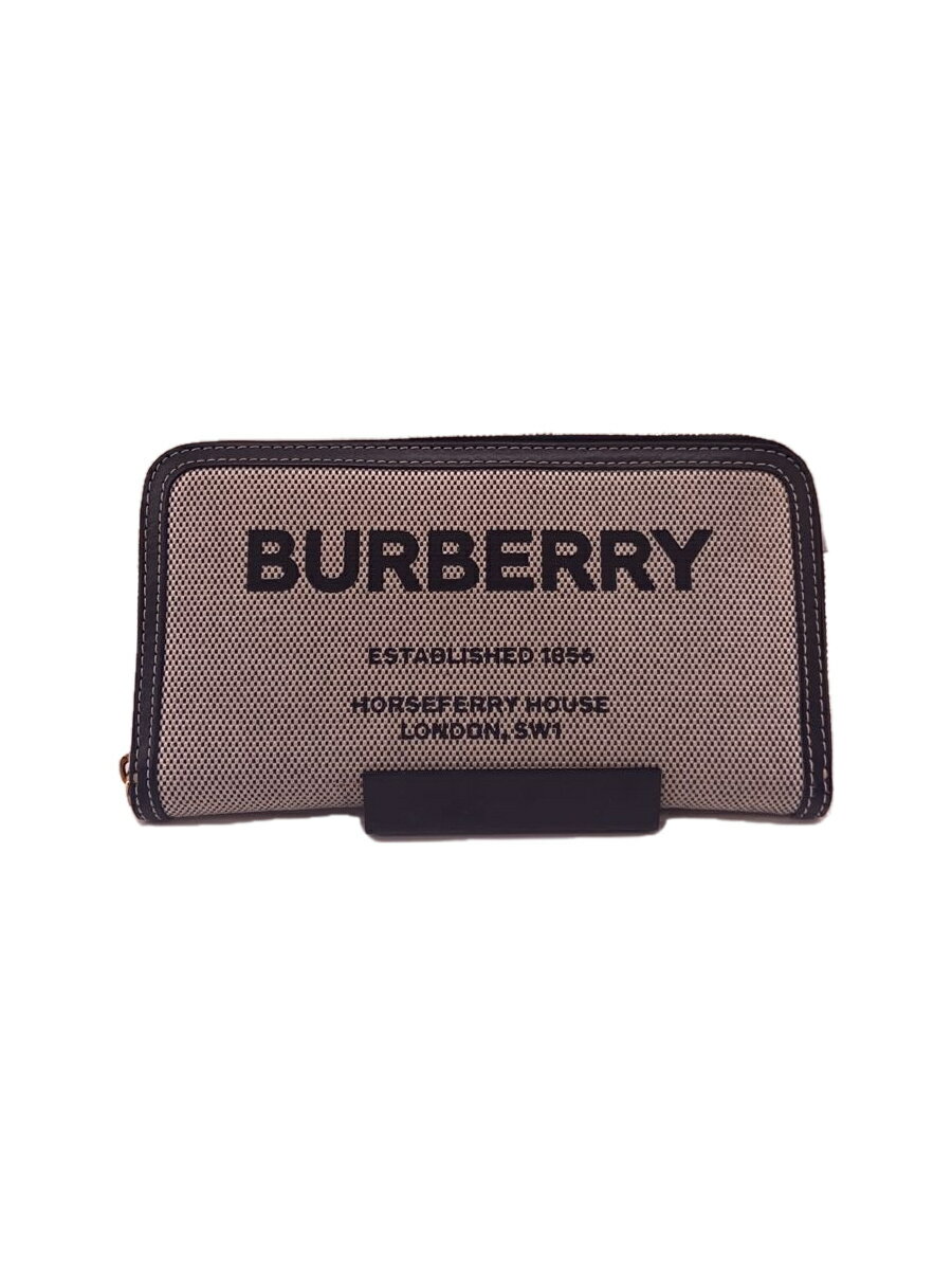 【中古】BURBERRY◆ロゴ/ラウンドファスナー/長財布/キャンバス/GRY/メンズ【服飾雑貨他】