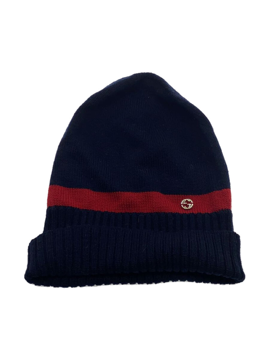 【中古】GUCCI◆インターロッキングGモチーフ付ビーニーキャップ/ニットキャップ/M/ウール/NVY/メンズ/494598【服飾雑貨他】