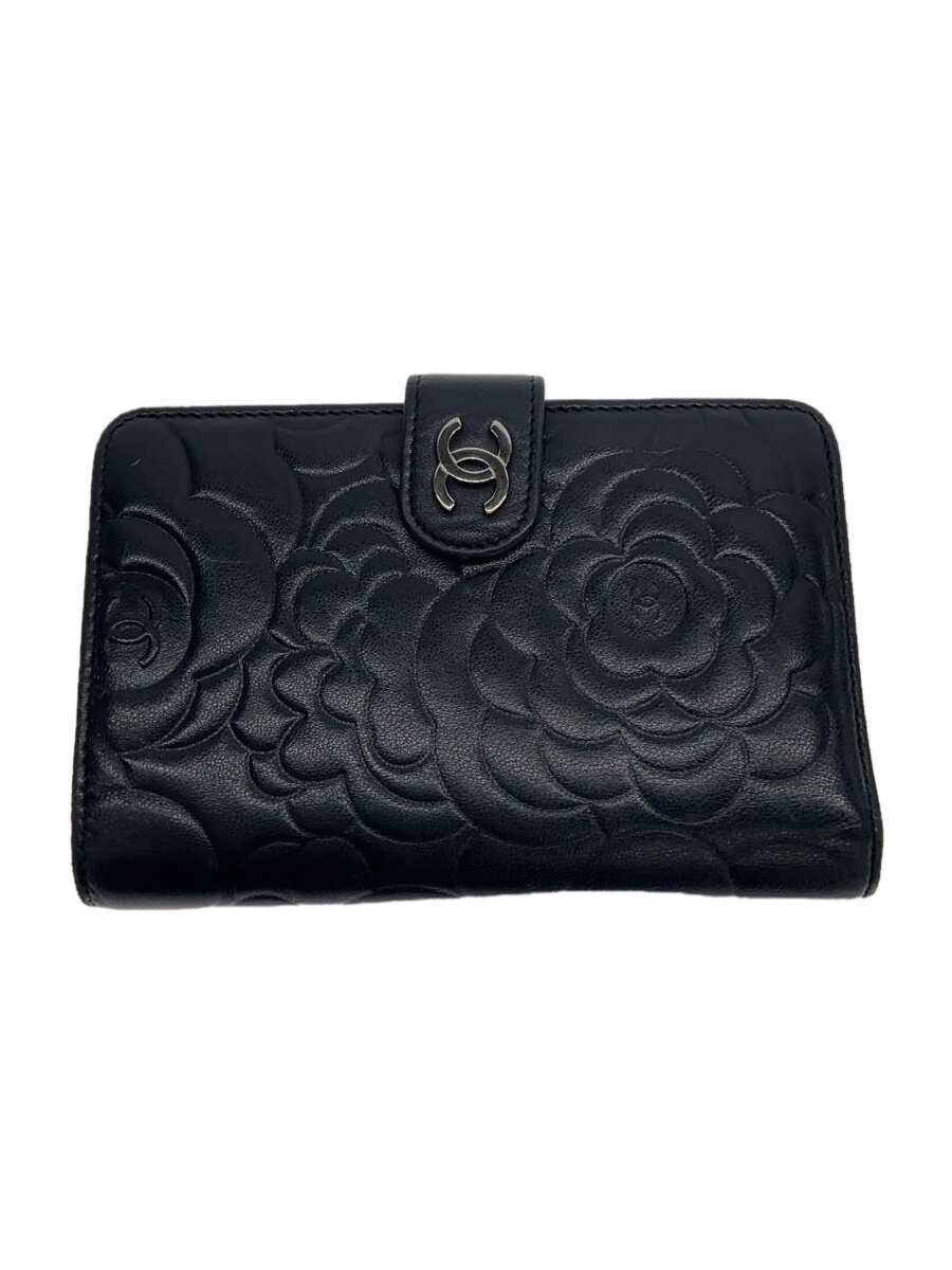 【中古】CHANEL◆2ツ折サイフ_カメリア_ラムスキン_ラウンド_ココマーク_BLK/羊革/BLK/レディース【服飾雑貨他】