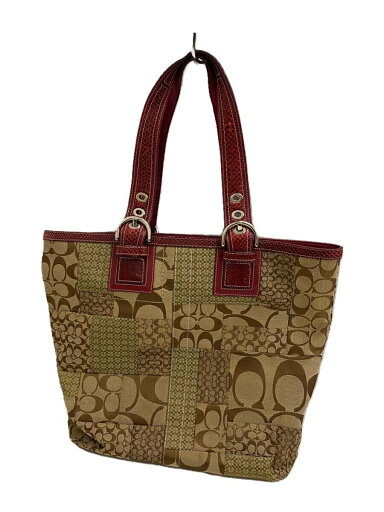 【中古】COACH◆ハンドバッグ_シグネチャー_ベージュ/キャンバス/RED【バッグ】 【中古】COACH◆ハンドバッグ_シグネチャー_ベージュ/キャンバス/RED【バッグ】