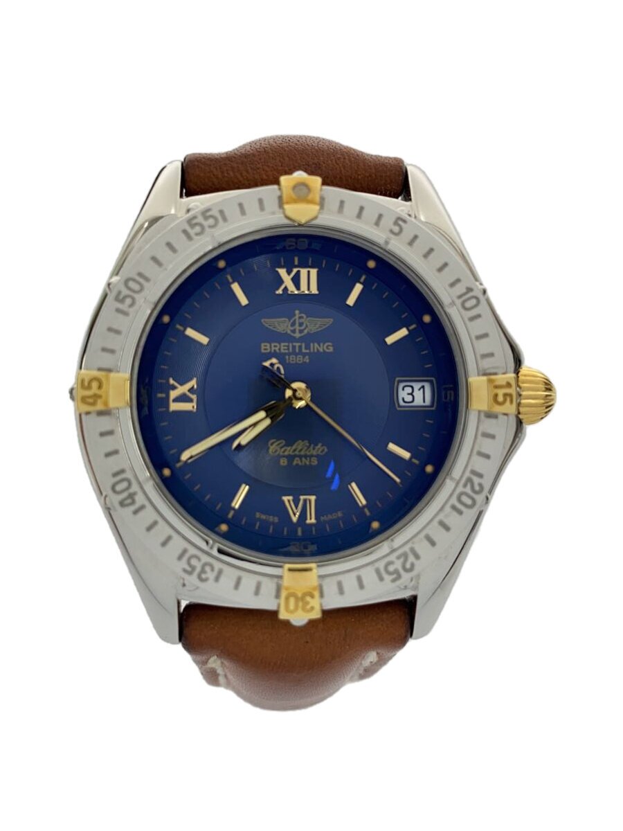 【中古】BREITLING◆カリスト/クォーツ腕時計/アナログ/レザー/NVY/BRW/B64046//【服飾雑貨他】