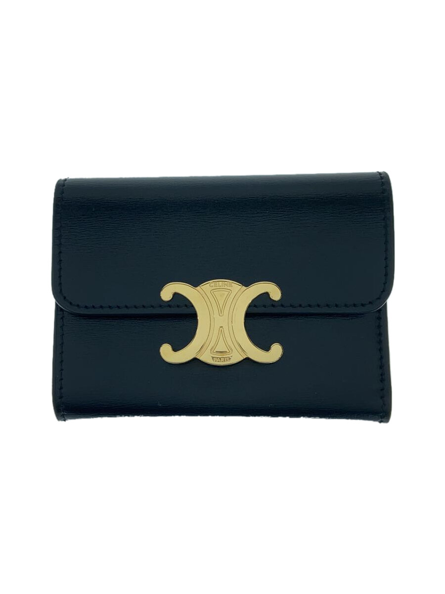 【中古】CELINE◆トリオンフ/3つ折り財布/レザー/ブラック/無地/レディース【服飾雑貨他】