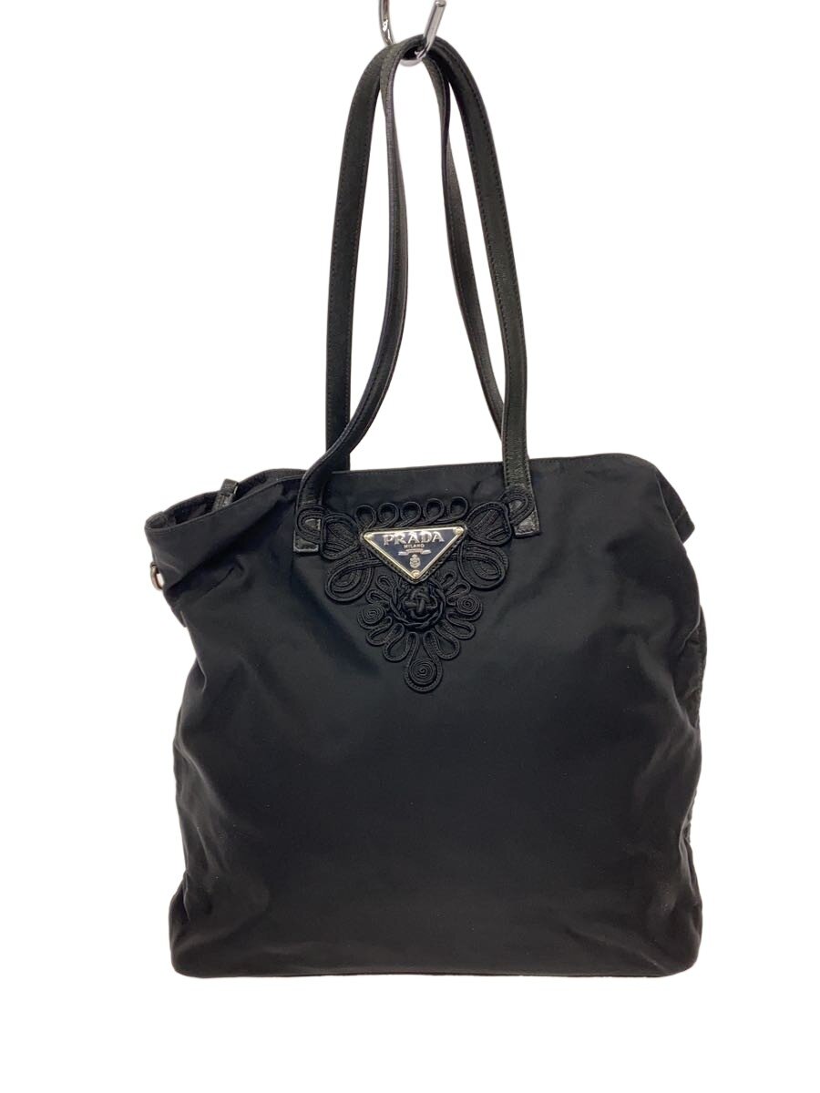 【中古】PRADA◆刺繍トートバッグ/ナイロン/BLK/無地【バッグ】