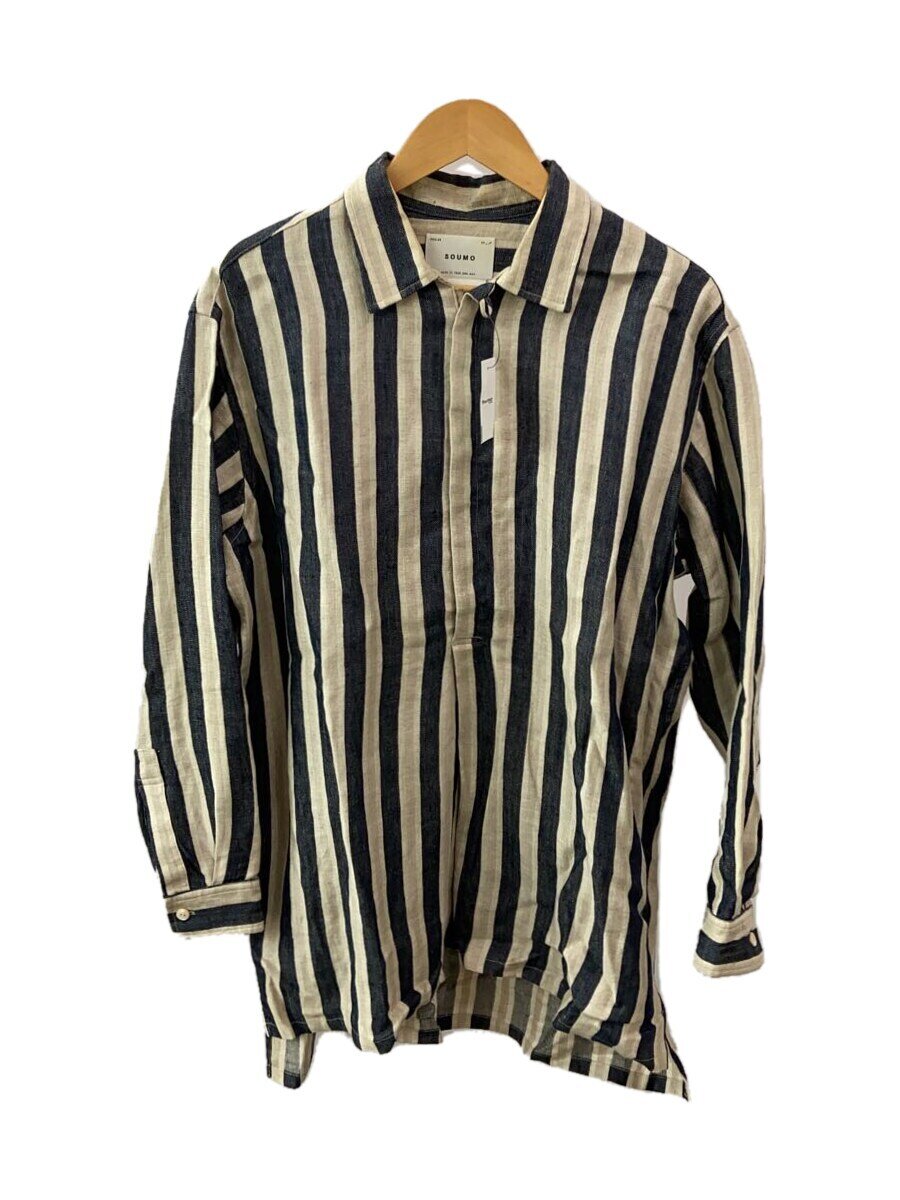 【中古】SOUMO◆ハーフジップリネンシャツ/ジャケット/S/リネン/BEG/ストライプ/04-001【メンズウェア】