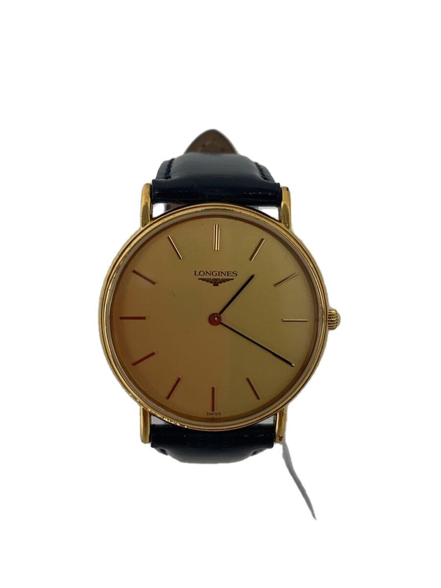 【中古】LONGINES◆クォーツ腕時計/アナログ/レザー/社外ベルト/GLD/BLK/L4.6372【服飾雑貨他】