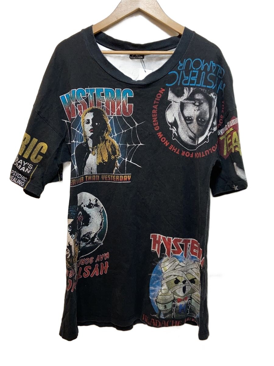 HYSTERIC GLAMOUR◆HIGH TIME pt OP/半袖ワンピース/FREE/コットン/BLK/総柄/0163co07