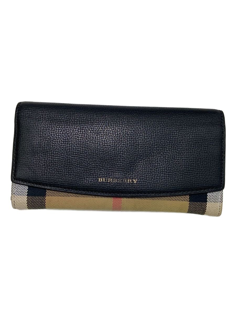 【中古】BURBERRY◆長財布/レザー/ブラック/チェック/レディース/3955506/ハウスチェック【服飾雑貨他】