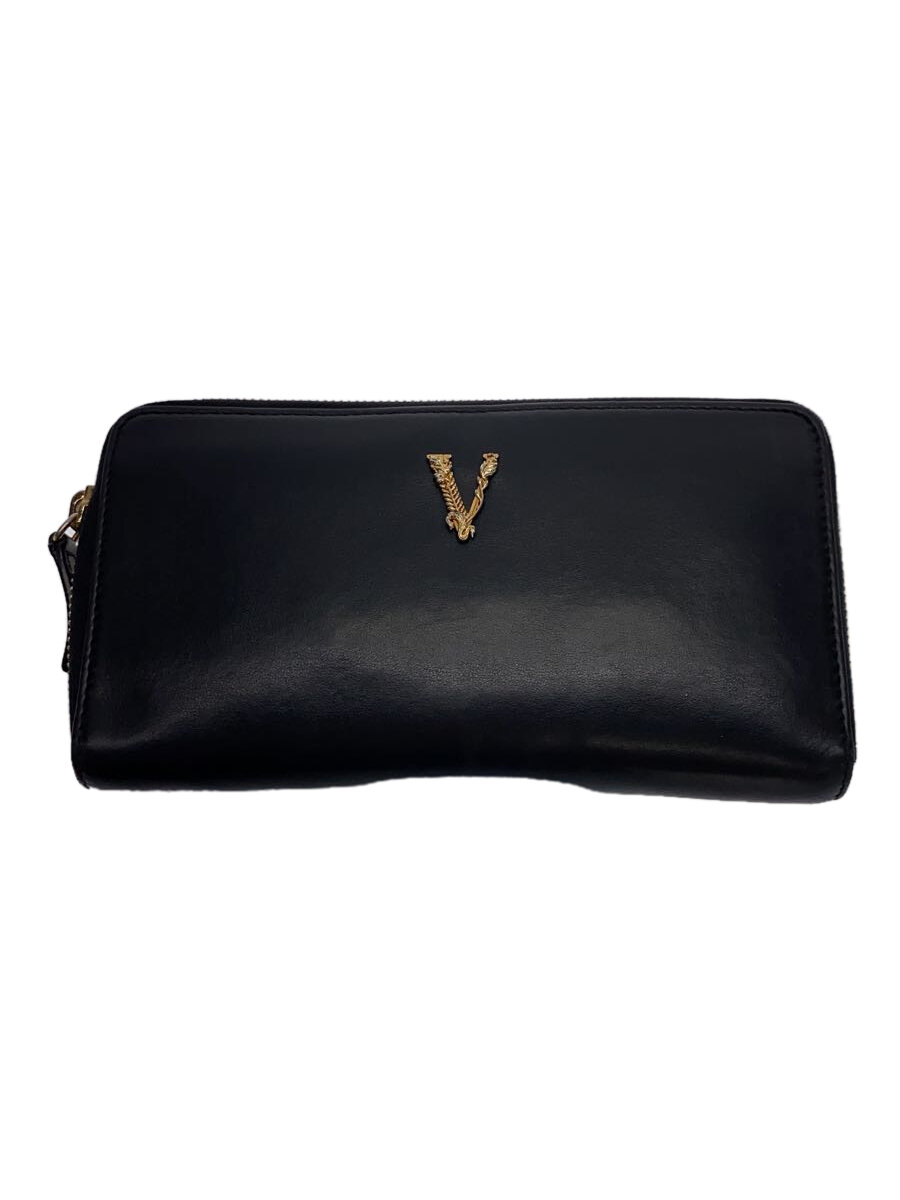 【中古】VERSACE◆長財布/レザー/BLK/無地/メンズ/※角スレ有/メッキ剥がれ有【服飾雑貨他】