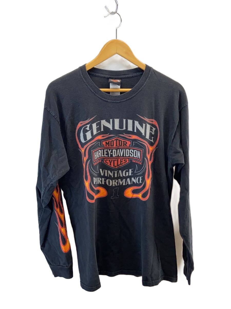 【中古】HARLEY DAVIDSON◆2002/両面/フレイムパターン/長袖Tシャツ/L/コットン/BLK【メンズウェア】