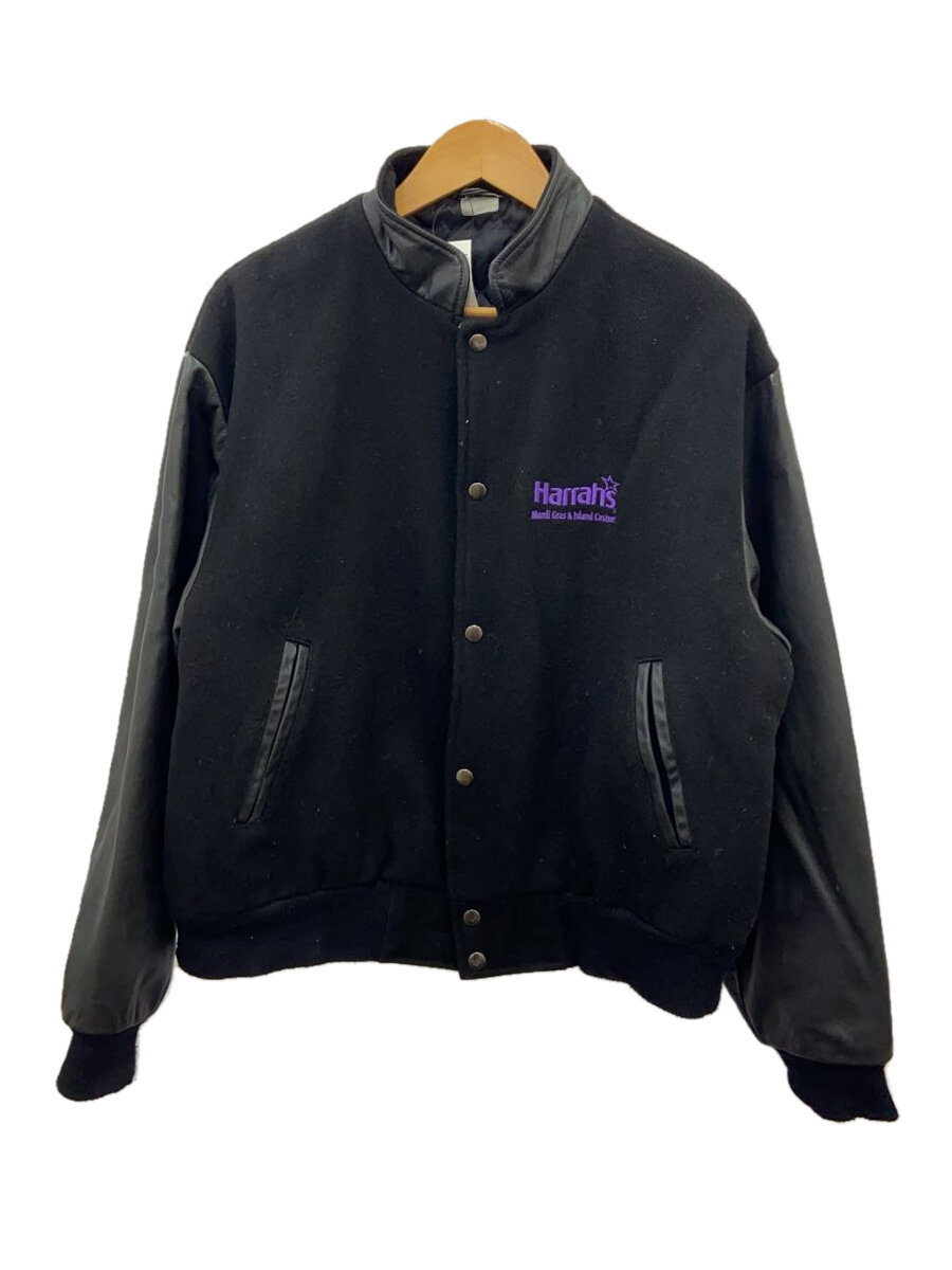 【中古】harrahs/レザー切替/スタジャン/ウール/ブラック/プリント【メンズウェア】