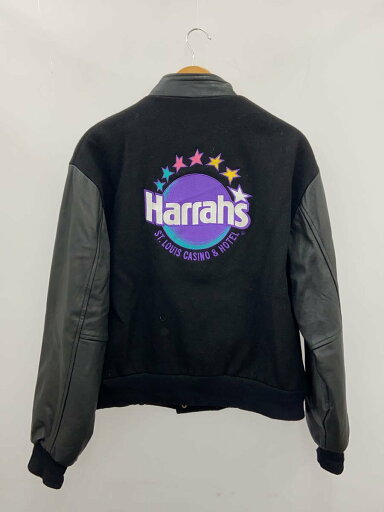 【中古】harrahs/レザー切替/スタジャン/ウール/ブラック/プリント【メンズウェア】