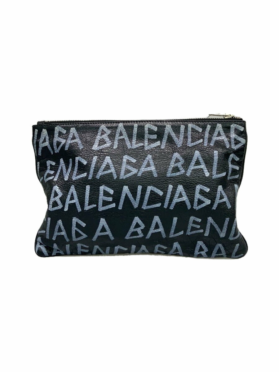 【中古】BALENCIAGA◆グラフィティクリップM/セカンドバッグ/レザー/BLK/総柄/535532【バッグ】