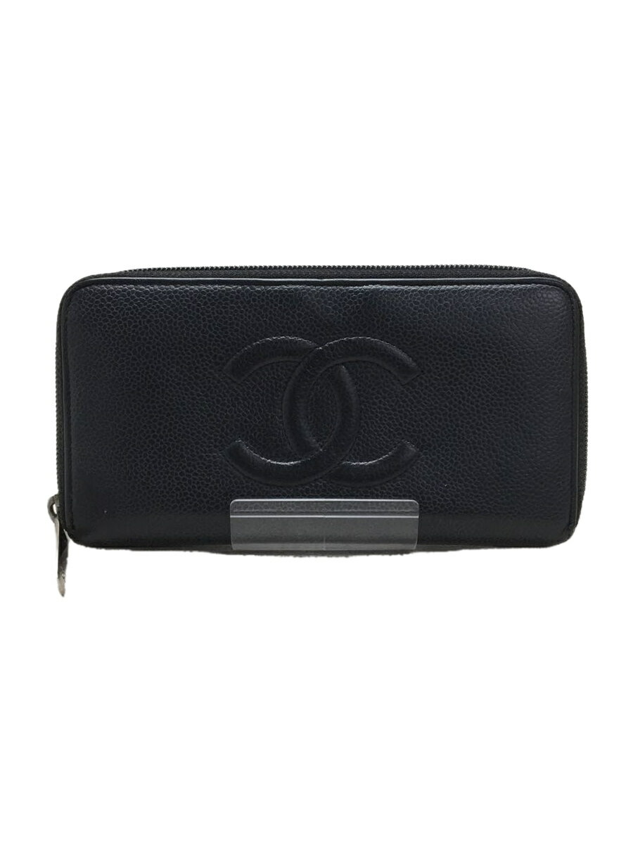 【中古】CHANEL◆長財布/レザー/BLK/無地/レディース【服飾雑貨他】