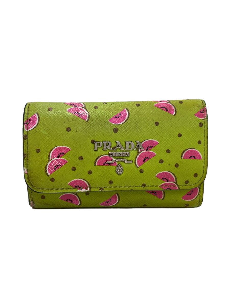 【中古】PRADA◆6連キーケース/レザー/グリーン/総柄/スイカ柄/フック1個欠品/全体に汚れ有【服飾雑貨他】