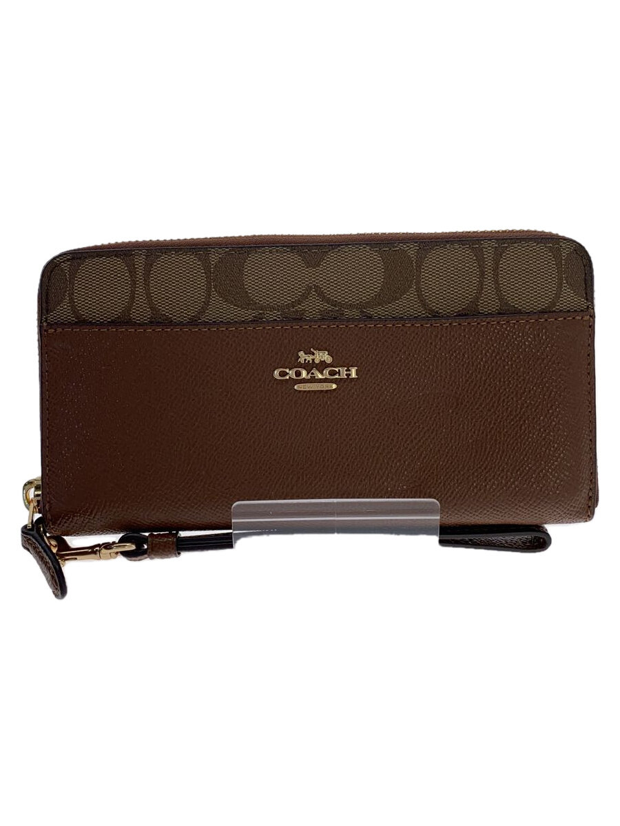 【中古】COACH◆シグネチャー/ラウンドジップ/長財布/PVC/BRW×BEG/レディース/F76971【服飾雑貨他】