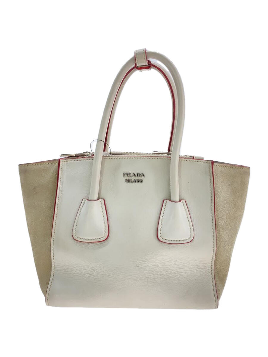 【中古】PRADA◆ハンドバッグ/レザー/WHT/無地/1BA025【バッグ】