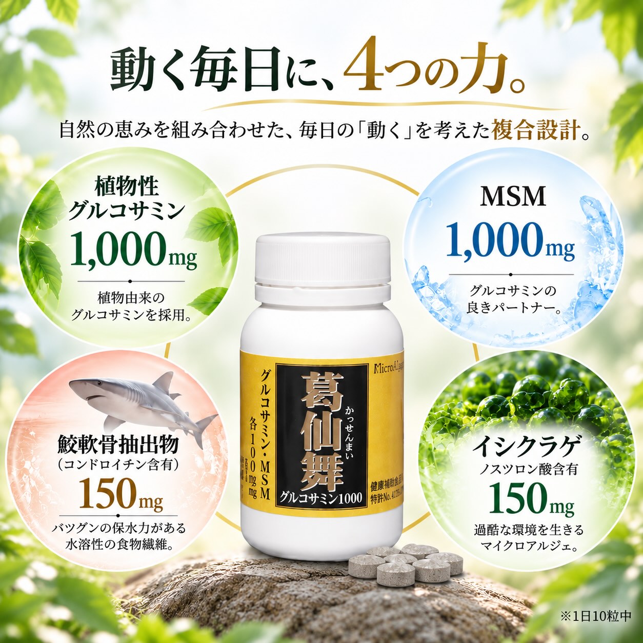 マイクロアルジェ 葛仙舞 かっせんまい 藻 サプリ 300粒 ふしぶし応援食品 膝 関節 曲げ伸ばしをサポート グルコサミン コンドロイチン MSM イシクラゲ 【ココリス2包プレゼント中】 jun-world-10000100 JUN WORLD 楽天市場店 サンプル画像2