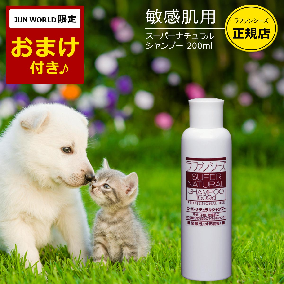 商品情報商品名ラファンシーズ スーパーナチュラルシャンプー内容量200ml製造国日本保存方法高温・多湿及び直射日光を避け、涼しい所に保管してください。メーカーシグマテックインターナショナル株式会社ラファンシーズ スーパーナチュラル シャンプー 200ml (エコ洗剤2個プレゼント) 敏感肌のワンちゃんネコちゃん、仔犬・仔猫に ---------------------お得セットはこちら↓--------------------- 敏感肌、皮フの弱いパピー・キツンなどのケアに スムース・コートのワンちゃんに 低刺激性のやさしいシャンプー＆リンスにこだわる方に 店長のタカハシです。こちらのメーカーの会長さん、ご自身の髪の毛もラファンシーズで洗うそうです。人間が使っても大丈夫なものをペットにも提供する。人間も喜ばなければペットも喜ばない。被毛と皮フを傷めないように、被毛を健やかに保てるように、徹底的にやさしさと安全性にこだわった商品です。ぜひ愛犬愛猫にご利用ください。 1