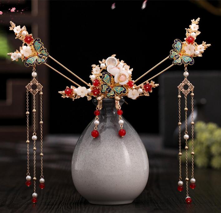 漢服髪飾り5点セット 中華風アクセサリー かんざし イヤリング 中国風古代宮廷王女皇后用 唐装漢服グッズ道具 ウエディング撮影結婚式グッズ チャイナドレス用コス...