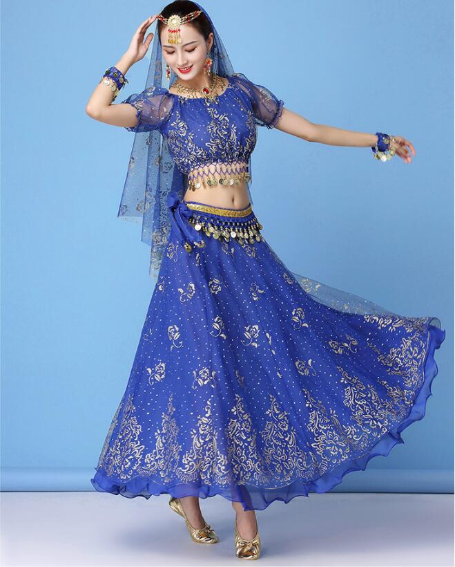 レディースベリーダンス衣装 セット 内容選べる 4色 半袖ブラウス ロングフレアスカート スパンコール入社交ダンスドレス アラビアン衣装 ラテンダンスモダンドレ...