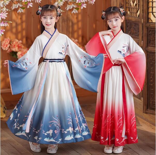 子供漢服 中華コスプレ衣装 女の子 お姫様 チャイナ服 グラデーション 中華 民族 ダンス衣装 広袖 ...