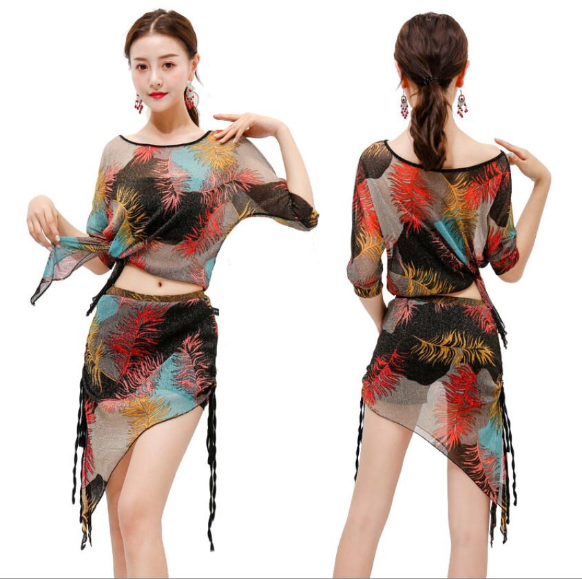 シースルー生地ベリーダンス衣装 セットアップ レディース社交ダンス練習着レッスンウェア ゆったり半袖トップス ショートへそ出し ミニスカート(スカーフ) 衣装セ...