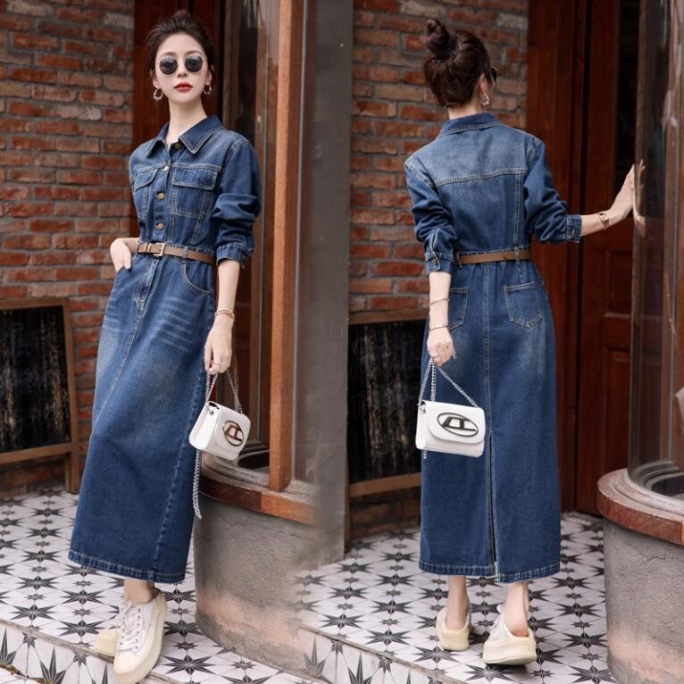 マキシ丈 デニム ワンピース 長袖 デニムコート デニム 体カバー テーラード デニム シャツワンピース 春夏秋 前にボタン有り ベルト付き 後ろにスリット タ...