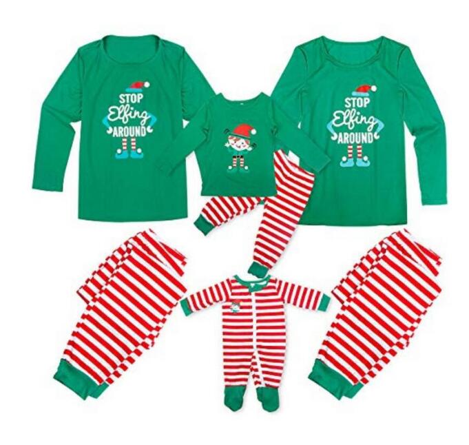 クリスマス 衣装 親子ペアルック かわいい サンタ 衣装 長袖 ルームウェア 部屋着 パジャマ 上下セット パパ ママ キッズ ベビー用 サンタ コスチューム 家族お揃い サンタクルーズ ボーダーライン 赤緑配色 薄め 3