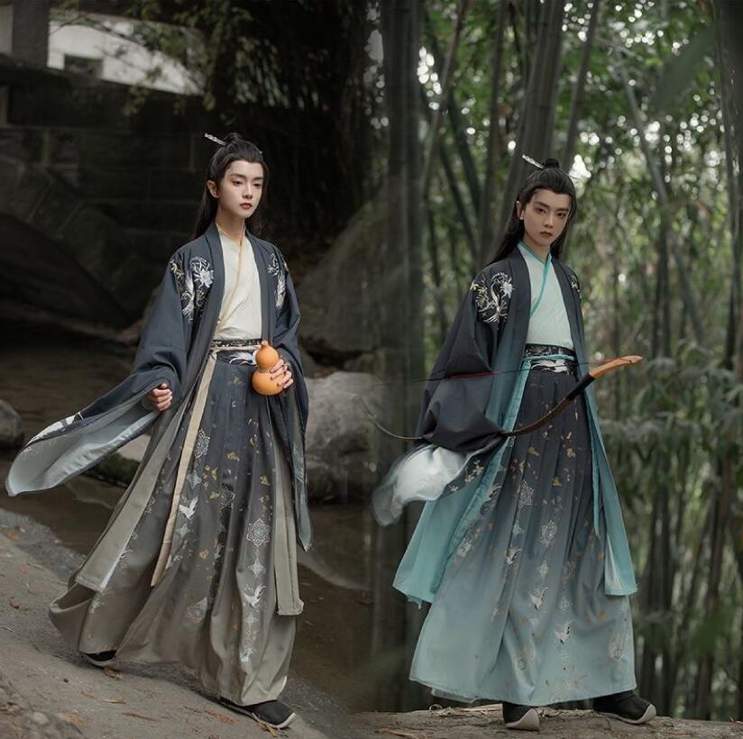 魏晋時代華流コスプレ衣装 メンズ 漢服 チャイナ服 中華服 プリント 華服 チャイナ風ハロウィン 仮装 中国古代 時代劇 コスチューム チャイナドレス ユニセックス羽織 ブラウス スカート3点セット 学園祭 ハロウィーン イベント 舞台ステージ衣装S M L XL 2XL