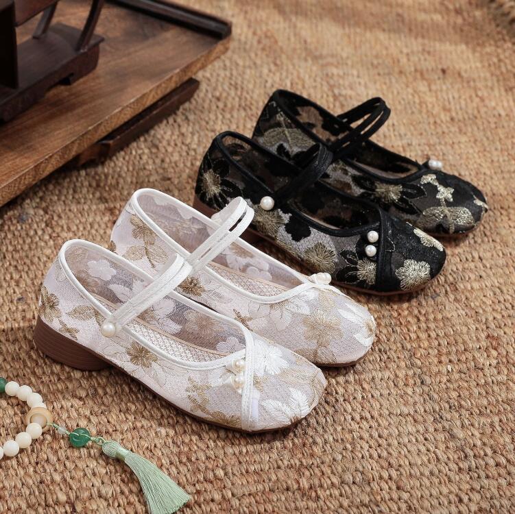 チュールチャイナ靴 春夏用パンプス 刺しゅう民族風シューズ レディース 可愛い チャイナシューズ エスニック 中華民族風 中華シューズ コンフォート ペタンコ ...
