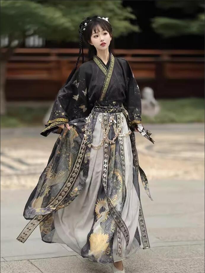 漢服 魏晋時代コスプレ衣装 龍 蝶柄プリント レディース コスチューム 時代劇 華流舞台衣裳 ステージ衣裳 ハロウィン衣装 チャイナ服 中国古代服装 変装 仮装衣裳 漢唐古典舞踊 演目ダンス衣裳 中華服 イベント 文化祭 演出服 S M L XL