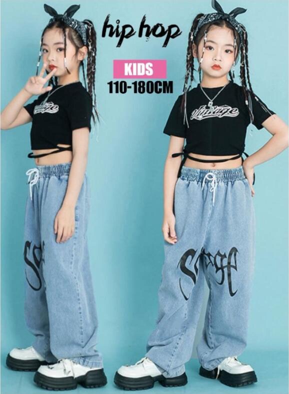 子供ダンス衣装 女の子 ヒップホップ ジャズ ストリートダンス 衣装 半袖Tシャツ＋...