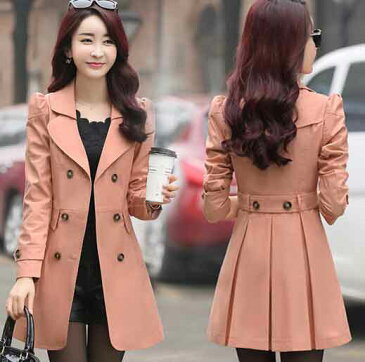 ミドル丈トレンチコート/韓国ファッションロングコート/プリーツオーバーコート/通勤ファマールコート/スリム細身スプリングコート/ビジネスコート/ダブルボタンロングアウター5色/春秋/定番ベーシックコート