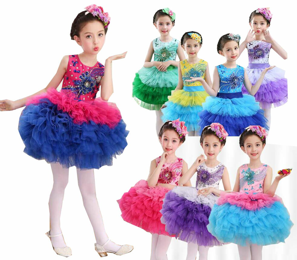 ワンピース　子供ダンス衣装　女の子チュールワンピース　スパンコール＆3D花豪華舞台ステージダンス衣装　110cm〜170cm　子供ダンスドレス　学園祭七五三発表会演出衣装　お姫様可愛いダンス衣装　ふわふわ