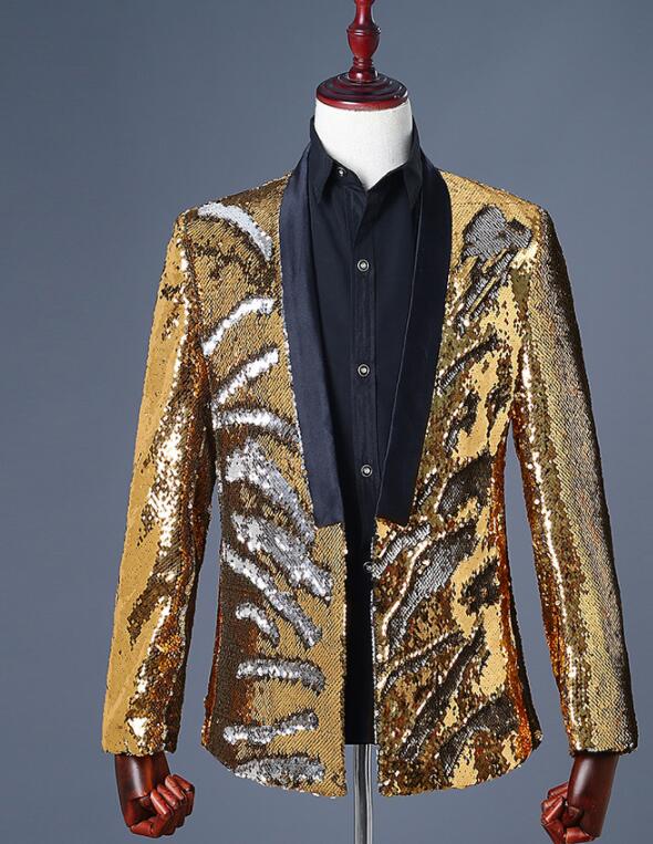 舞台ステージ衣装　スパンコールスーツジャケット　メンズ　ダブル色スパンコール　ゴージャスな舞台ステージ服　結婚式イベント発表会演出タキシード　カラースパンコール　司会者DJダンス衣装　コスプレスーツ