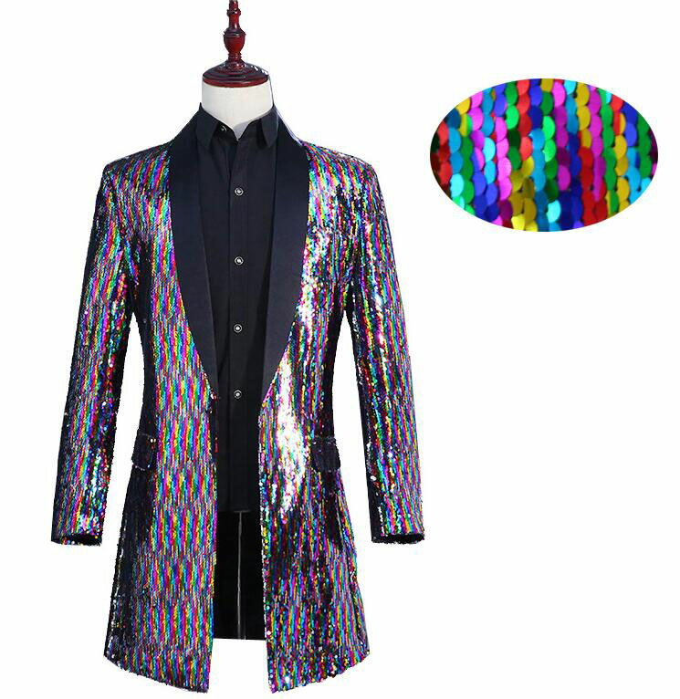 メンズスパンコールスーツコート　カラー配色スパンコール（7色配色）ミドル丈タキシード　光沢ロングスーツジャケット　男性クール系舞台ステージ演出ウエア　司会者DJ夜店クラブダンス衣装　ボタンなし　コスプレスーツ　送料無料