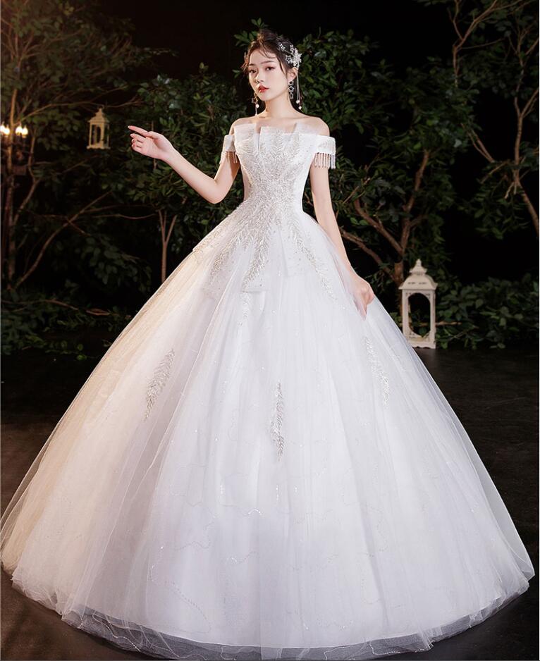 ロングウエディングドレス　レースドレス　スパンコール　パールフリンジ付　豪華花嫁結婚式披露宴二次会パーティードレス　演奏会演出ドレス　写真撮影　海旅行ドレス　ペールグローブパニエドレスカバー購入可