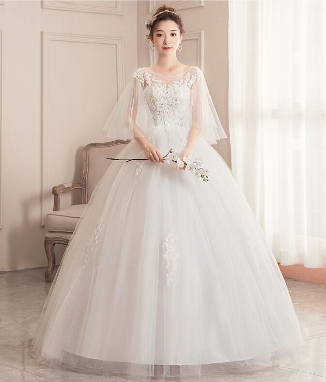 ロングウエディングドレス　フレア袖豪華花嫁結婚式披露宴二次会パーティードレス　演奏会演出ドレス　写真撮影　海旅行ドレス　ペールグローブパニエドレスカバー購入可