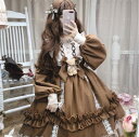 長袖ロリータワンピースお姫様ドレスjskゴスロリ＆ロリータ服 lolitaスカラップ 裾フリル 蝶結び小熊付き可愛い萌え萌え 中学生高中生レディース メイド服 コスプレ 学園祭 イベント ハロウィン コスチューム 仮装 変装 珈琲水色2色 2