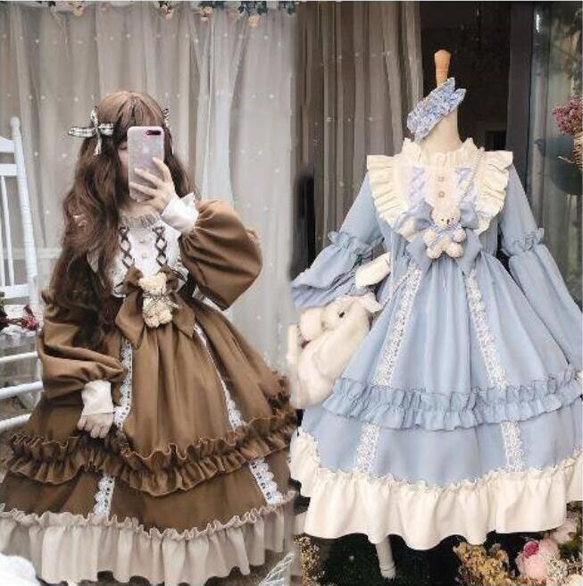 長袖ロリータワンピースお姫様ドレスjskゴスロリ＆ロリータ服 lolitaスカラップ 裾フリル 蝶結び小熊付き可愛い萌え萌え 中学生高中生レディース メイド服 コスプレ 学園祭 イベント ハロウィン コスチューム 仮装 変装 珈琲水色2色