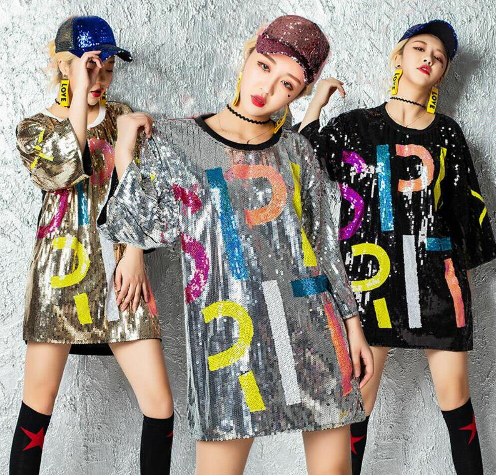 スパンコールダンス衣装レディースジャズスダンスTシャツワンピース ヒップホップダンス 舞台ステージ衣装ロングブラウスきらきらダンス衣装コスプレ仮装団体服 シンガ...