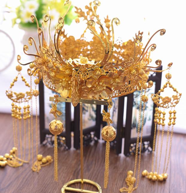 中国風髪飾りセット　中華コスプレ用髪飾り　ティアラ＋イヤリング2点セット　フリンジかんざし　カチューシャ　漢服唐装用舞台道具　イベント宮廷風王冠　合金　チャイナドレス用　花嫁結婚式髪飾り