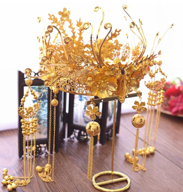 中国風髪飾りセット　中華コスプレ用髪飾り　ティアラ＋イヤリング2点セット　フリンジかんざし　カチューシャ　漢服唐装用舞台道具　イベント宮廷風王冠　合金　チャイナドレス用　花嫁結婚式髪飾り