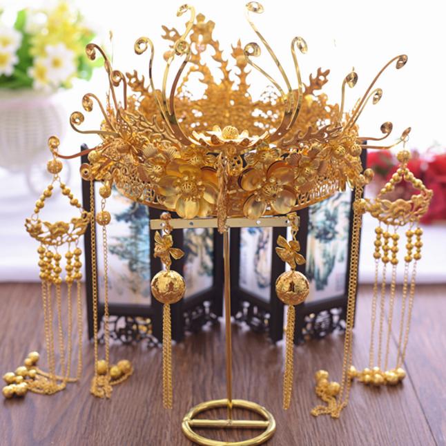 中国風髪飾りセット 中華コスプレ用髪飾り ティアラ+イヤリング2点セット フリンジかんざし カチューシャ 漢服唐装用舞台道具 イベント宮廷風王冠 合金 チャイナ...