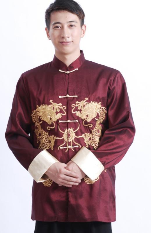 メンズチャイナ服　長袖ブラウス　チャイナカラー　前開きチャイナブラウス　漢服唐装　中国風龍刺繍ジャケット　中華風舞台演出衣装　メンズチャイナドレス　年会イベントステージ衣装　華流コスプレ衣装