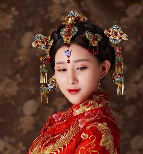 中国風ウェディングドレス髪飾り豪華10点セット/チャイナ風/古代宮廷唐装・漢服/コスプレ道具/中華舞台/撮影結婚式グッズ/ヘアアクセサリー/ティアラ/フリンジか...