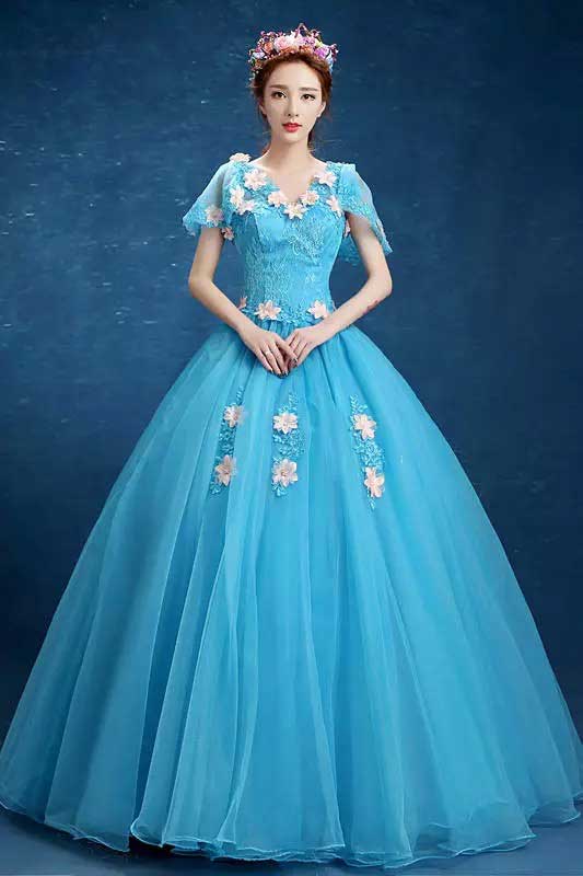 Rakuten - ブルーマキシ丈ウエディングドレス　3D 花柄　カラードレス花嫁ブライド ドレス 　パーティードレス【結婚式】【披露宴】【二次会】【パーティー】 エンパイアドレス フリル ドレス 謝恩会演奏会ダンス衣装